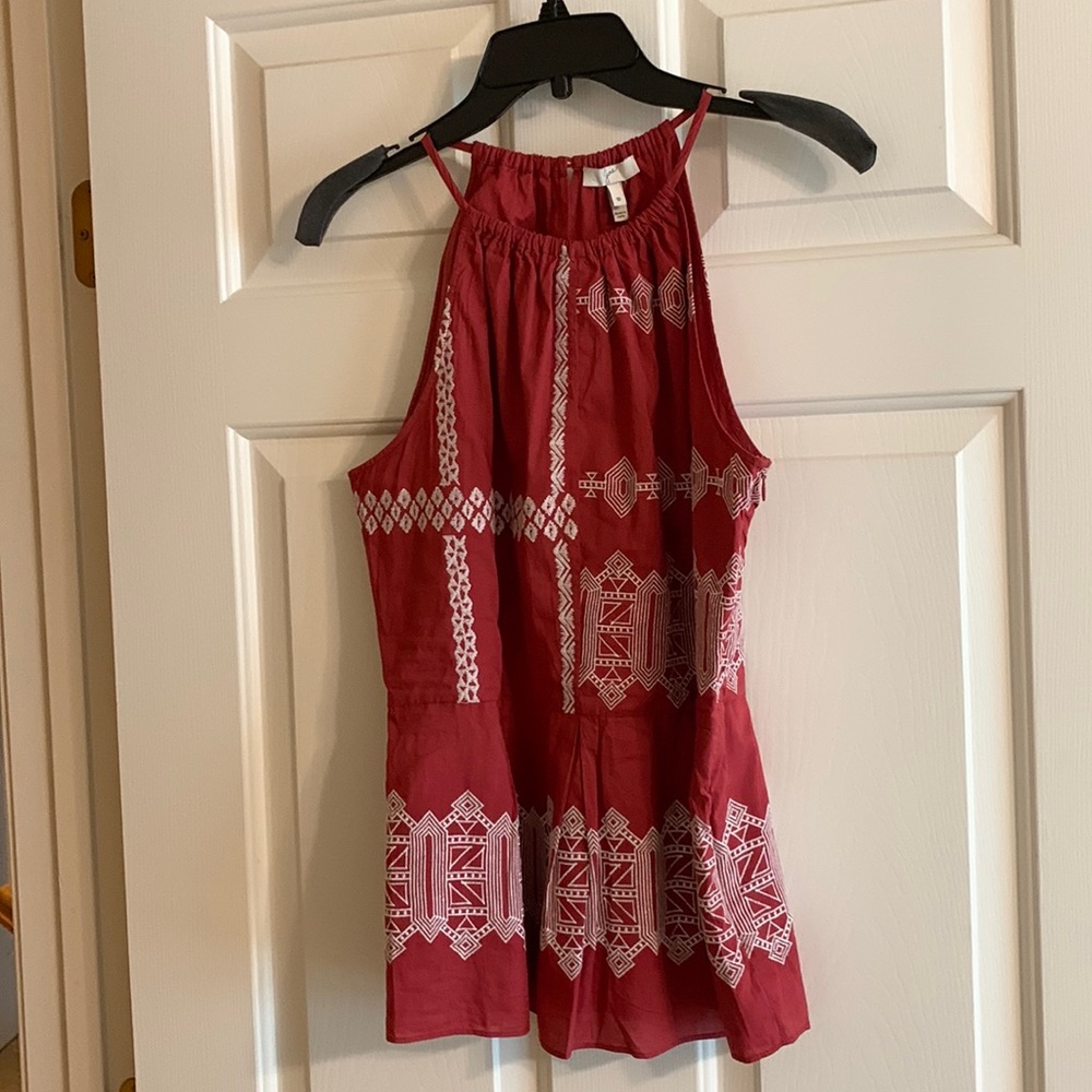 Joie sleeveless maroon and white halter top size 10. 100% cotton. Side zipper.